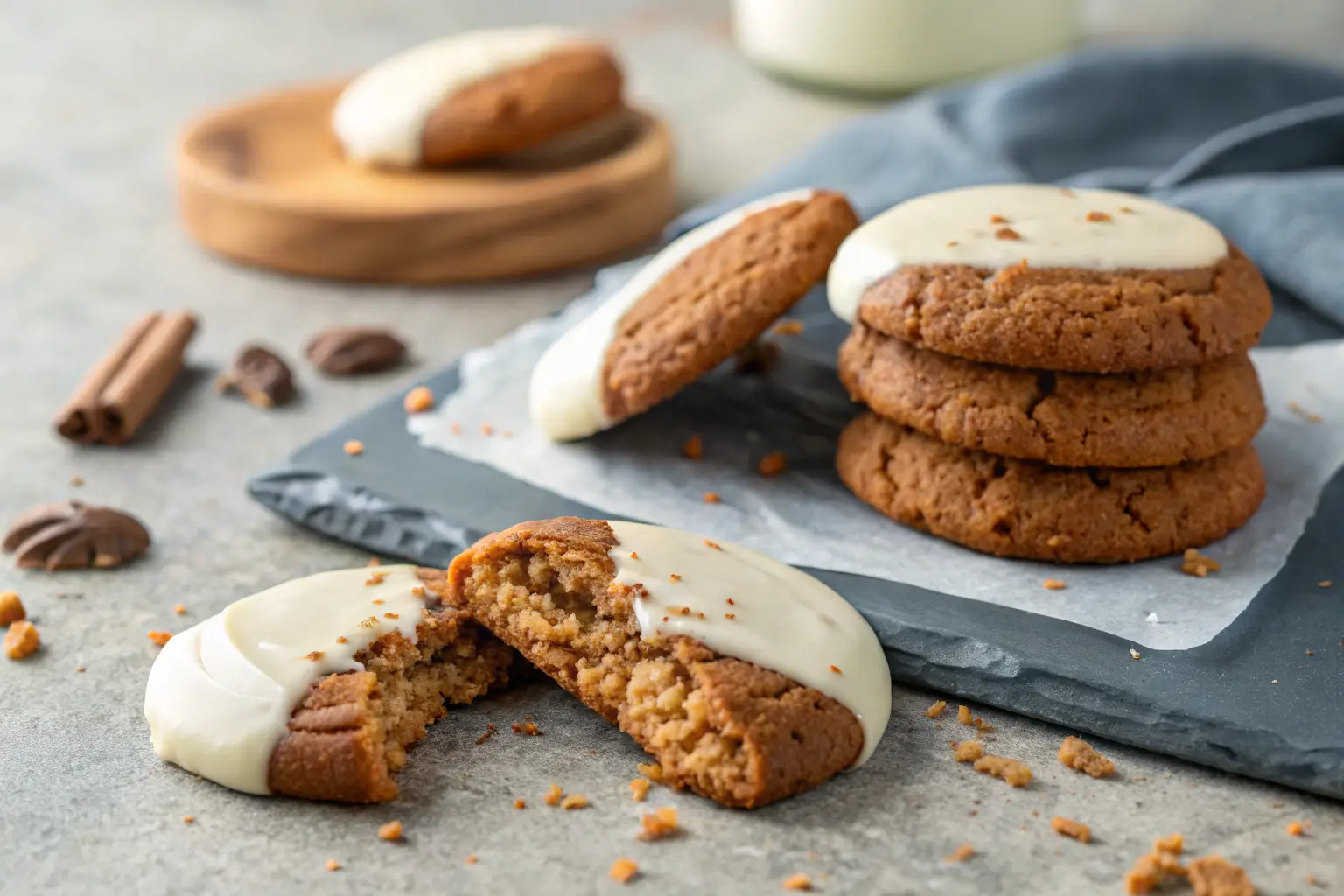 Chewy Maple Cinnamon Cookies Dipped in White Chocolate for Xmas 2 Chewy maple cinnamon cookies dipped in white chocolate on gray background