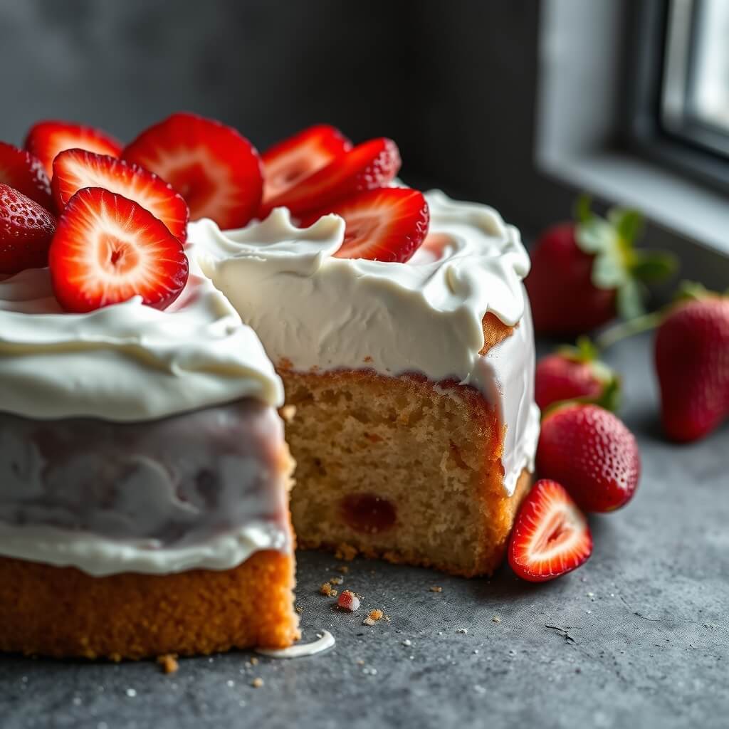 Christmas Poke Cake Recipes for Festive Gatherings 2 Christmas poke cake with whipped cream and fresh strawberries on gray background