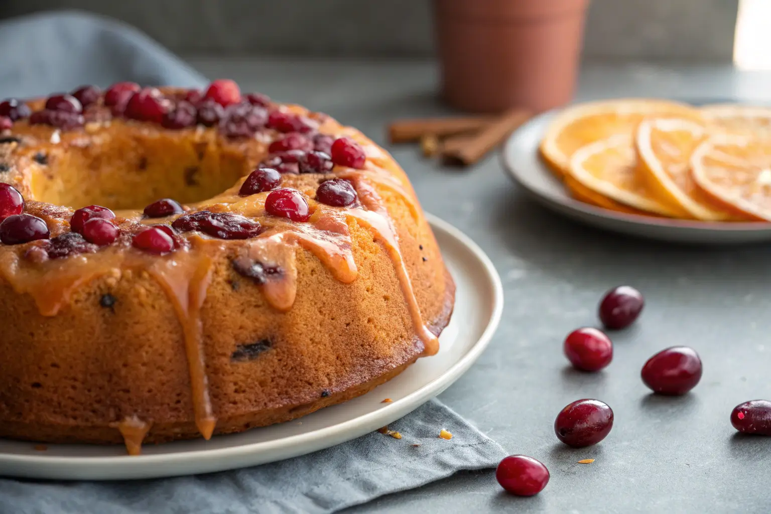 Cranberry Orange Breakfast Cake for Cozy Mornings 2 Cranberry orange breakfast cake with glaze on gray background