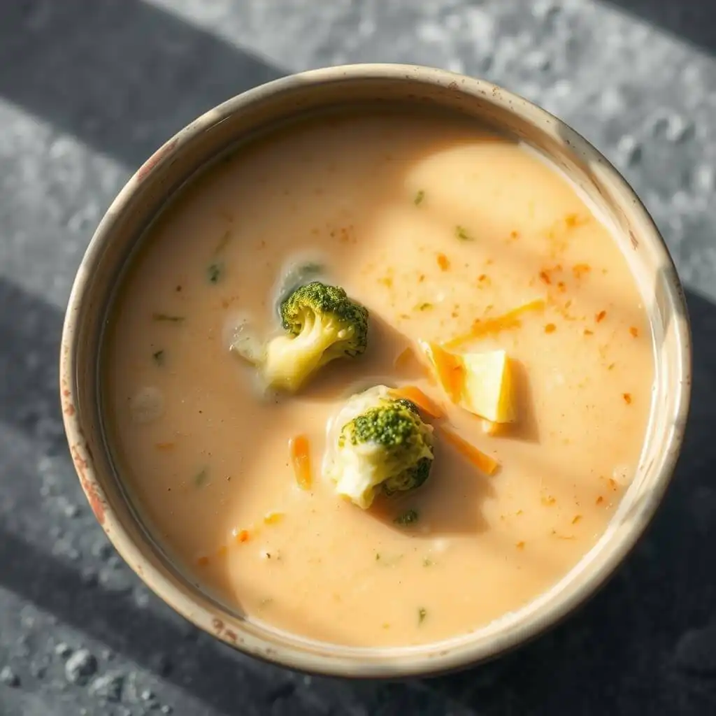 Panera Broccoli Cheddar Soup Crock Pot Recipe 2 creamy broccoli cheddar soup in bowl with broccoli and melted cheese