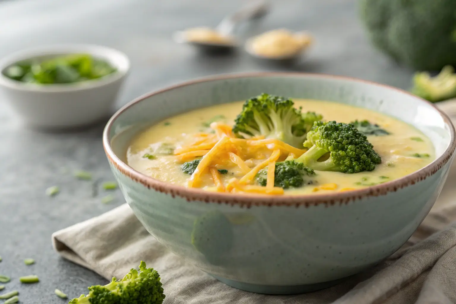 Creamy Broccoli Cheddar Soup with Fresh Vegetables 2 creamy broccoli cheddar soup in a bowl with fresh vegetables