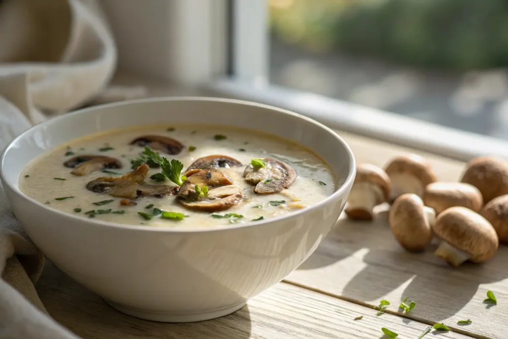 Creamy homemade mushroom soup in white bowl with mushrooms visible