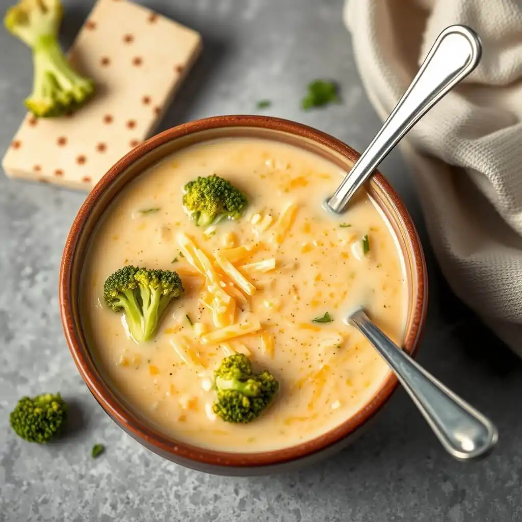 Creamy Keto Broccoli Cheddar Crockpot Soup Recipe 2 creamy keto broccoli cheddar crockpot soup in bowl, close-up