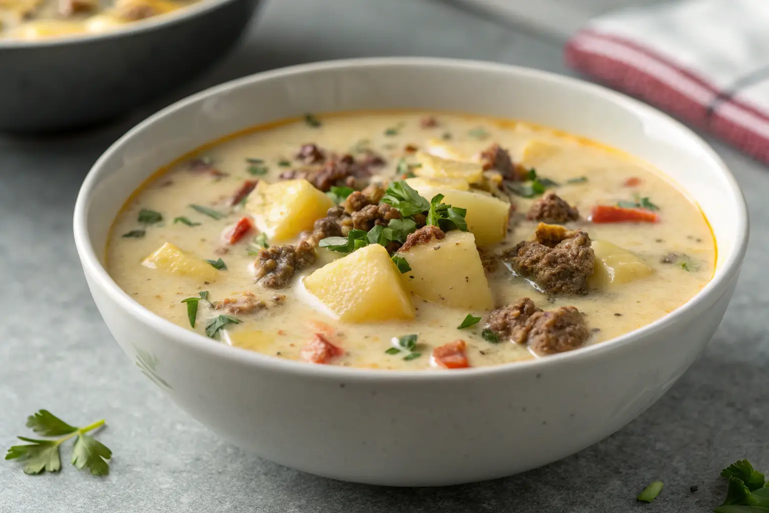 Creamy Potato & Hamburger Soup Recipe for Cozy Nights 2 Creamy potato and hamburger soup with cheddar cheese in bowl