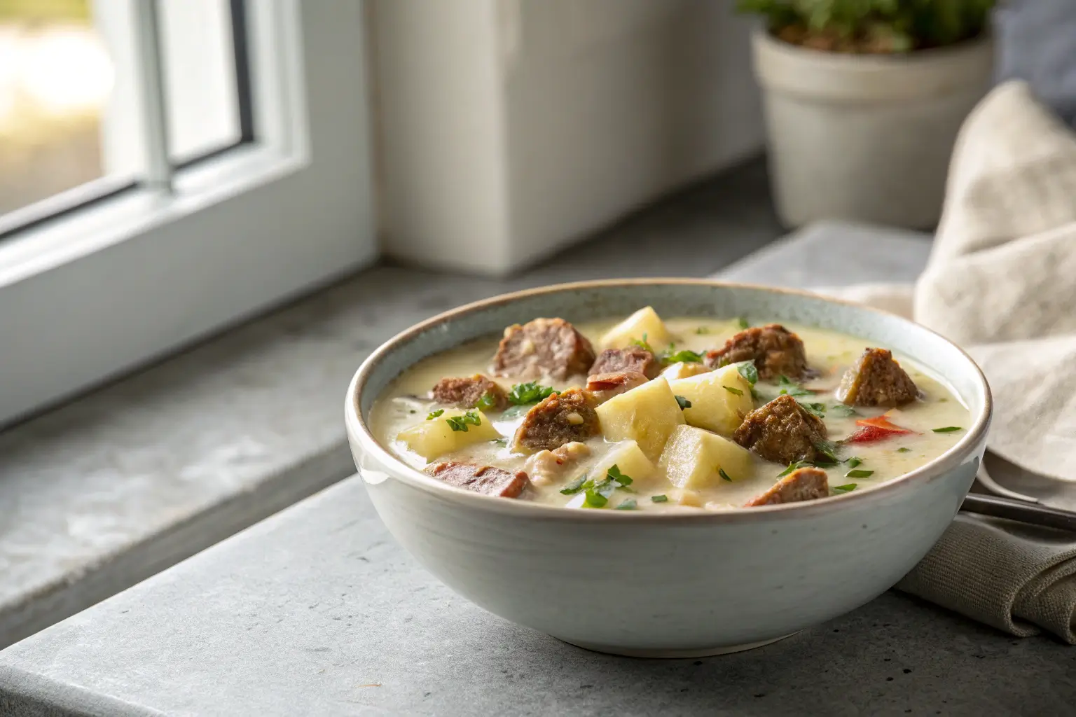 Sausage Potato Soup: Easy Comfort in a Bowl 2 bowl of creamy sausage potato soup with diced potatoes and sausage