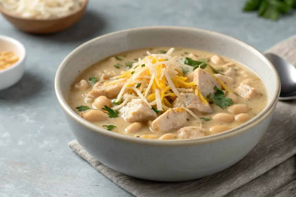 creamy white chicken chili with chicken, beans, and melted cheese