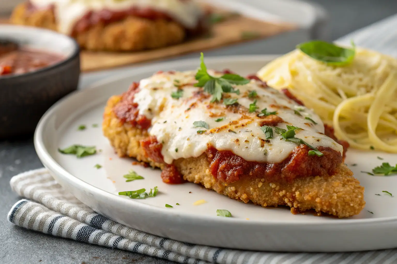 Crispy Oven-Baked Chicken Parmesan for Easy Weeknight Dinners 2 Crispy oven-baked chicken Parmesan with melted cheese on gray background
