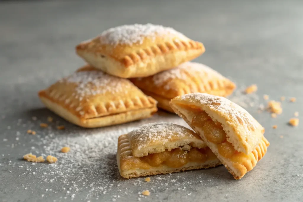 Golden crescent apple pie bites with powdered sugar on gray surface
