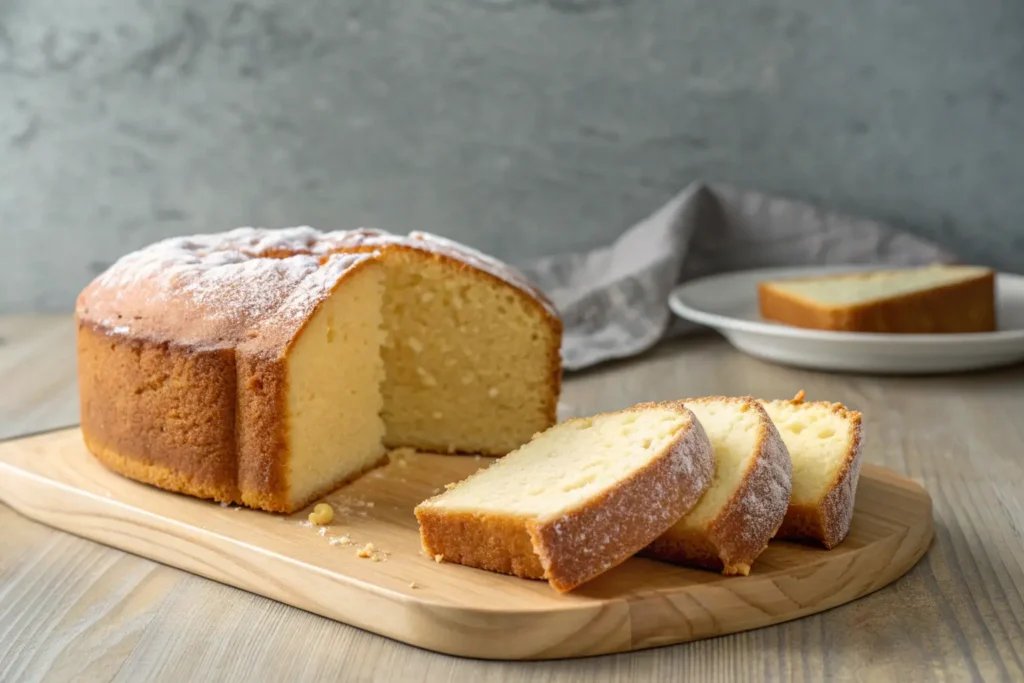 moist sliced vanilla pound cake on neutral wood surface