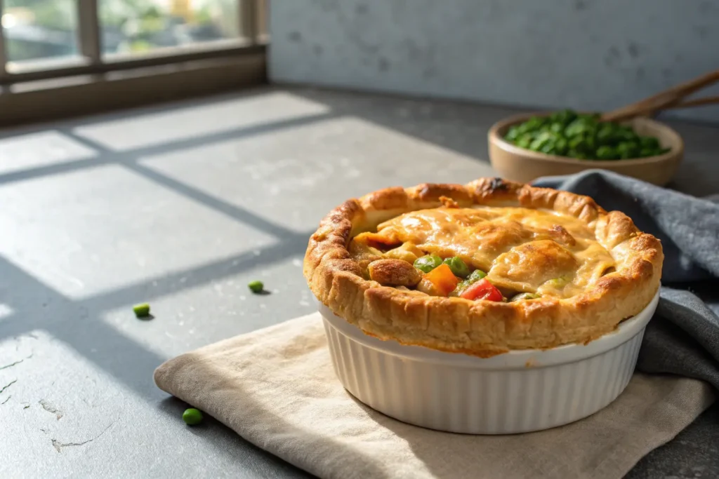 golden veggie pot pie with flaky crust and colorful vegetable filling