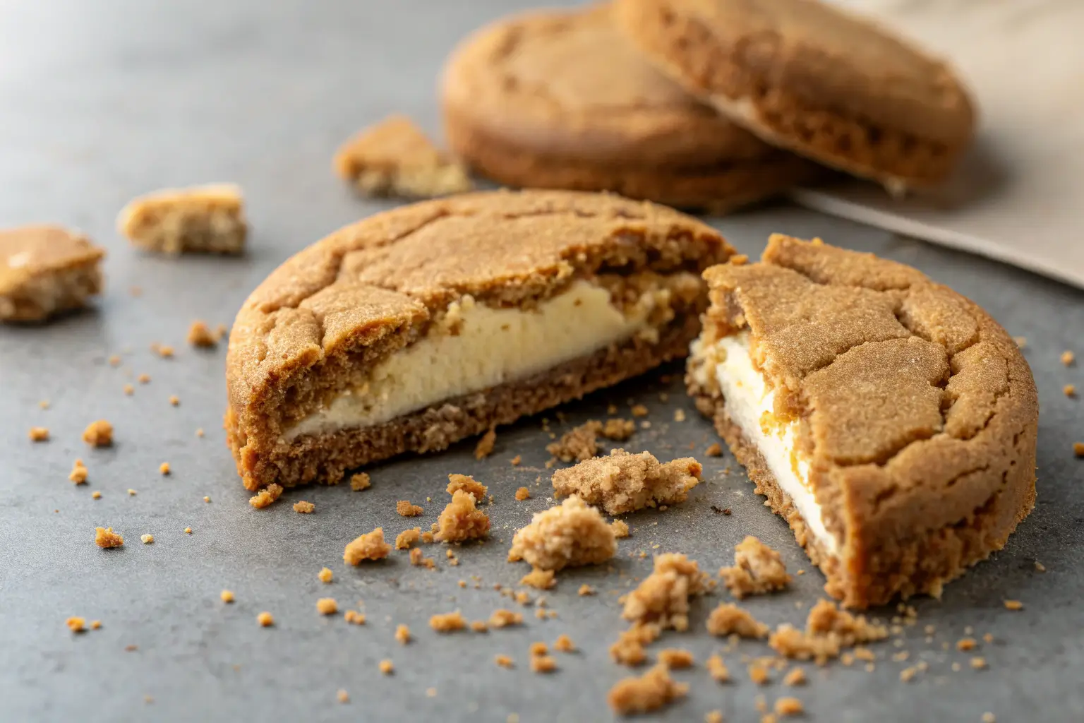 Gingerbread Cheesecake Cookies for Festive Holiday Baking 2 Gingerbread cheesecake cookie with creamy filling on gray background