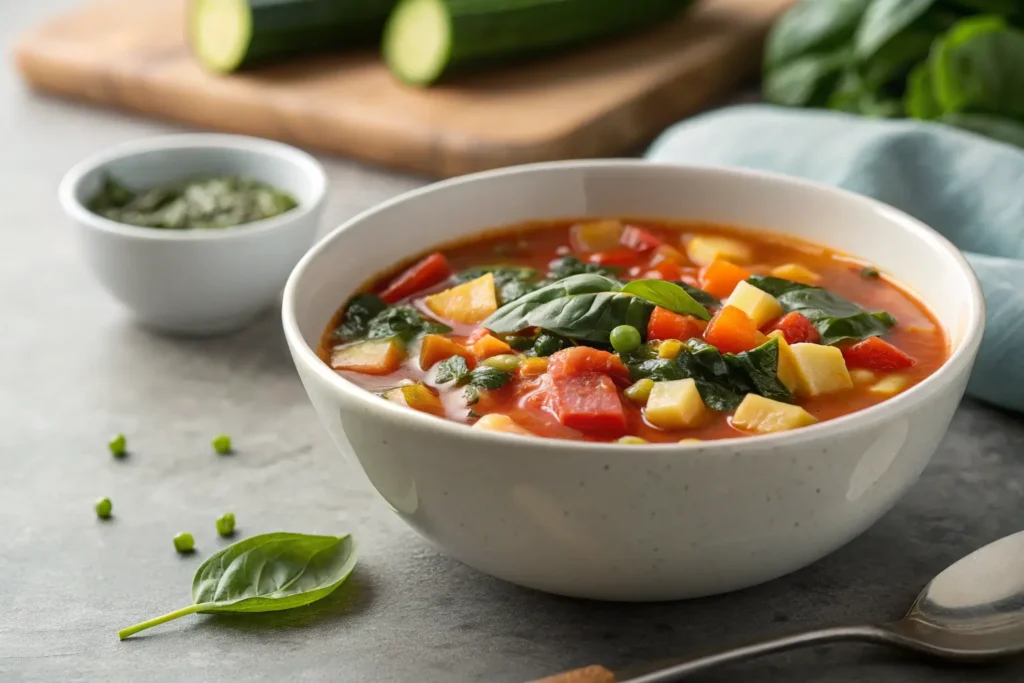 Greek vegetable soup with diced veggies and spinach in a bowl