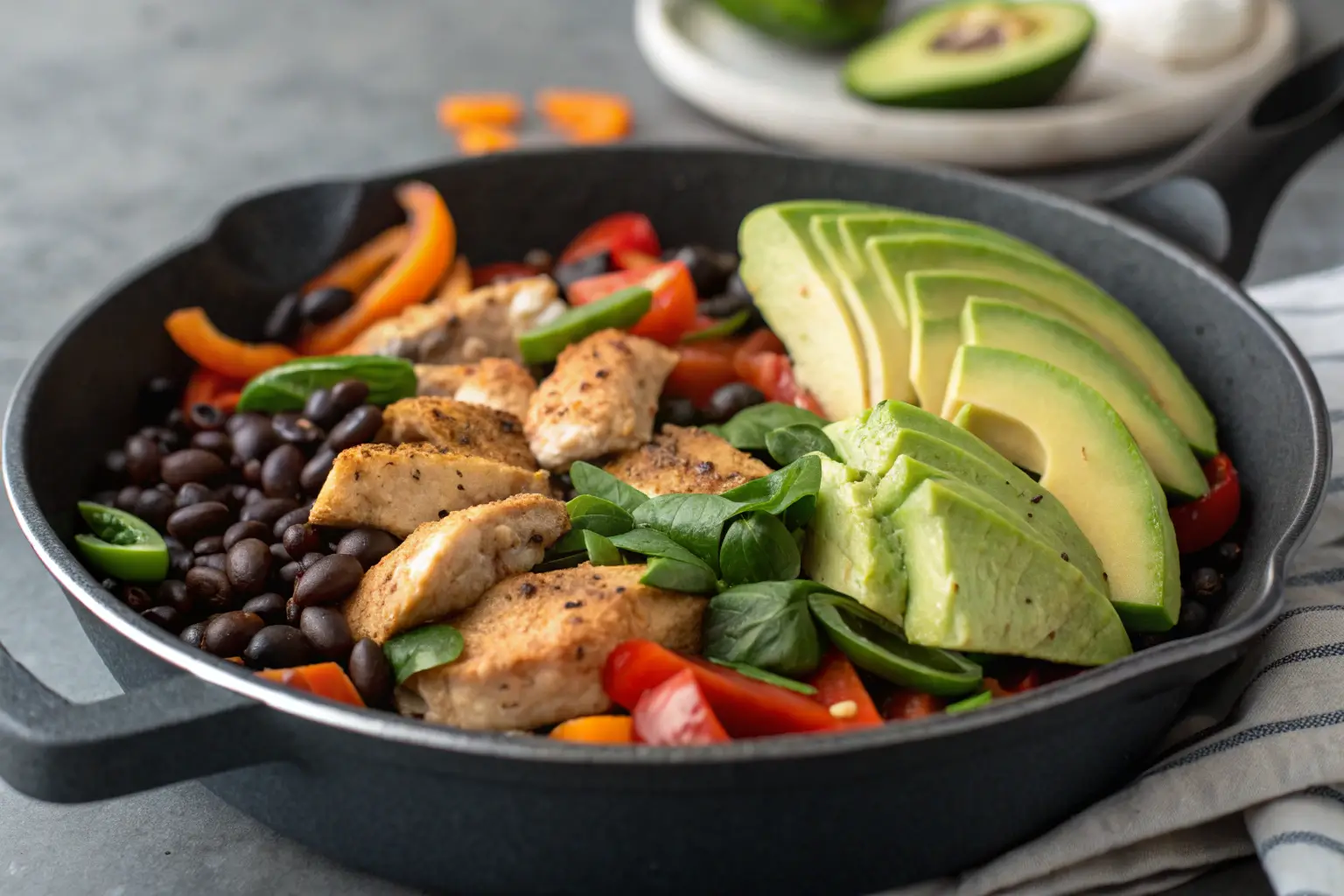 Easy 1200 Calorie Meal Plan for Diabetics and Prediabetics 2 Chicken and black bean skillet with spinach and avocado slices