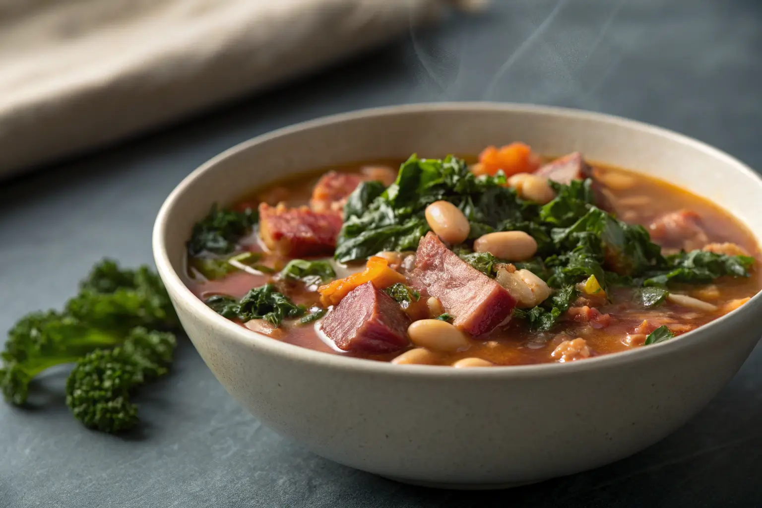 Hearty Ham, Bean, and Kale Soup for Cozy Weeknights 2 bowl of hearty ham bean and kale soup with visible ham and greens