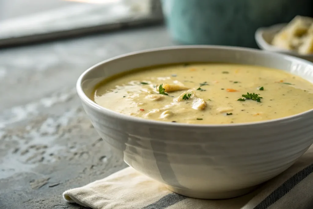 creamy homemade condensed cream of chicken soup in bowl