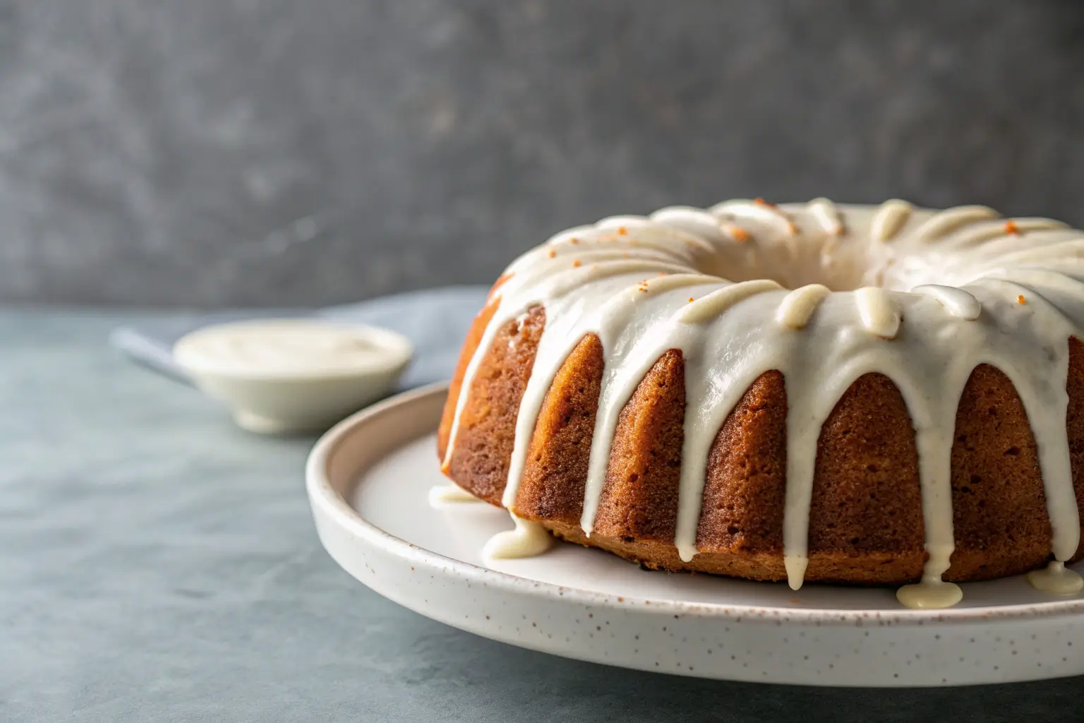 Pumpkin Bundt Cake Recipes for Cozy Gatherings 2 Moist pumpkin Bundt cake with cream cheese glaze on gray background