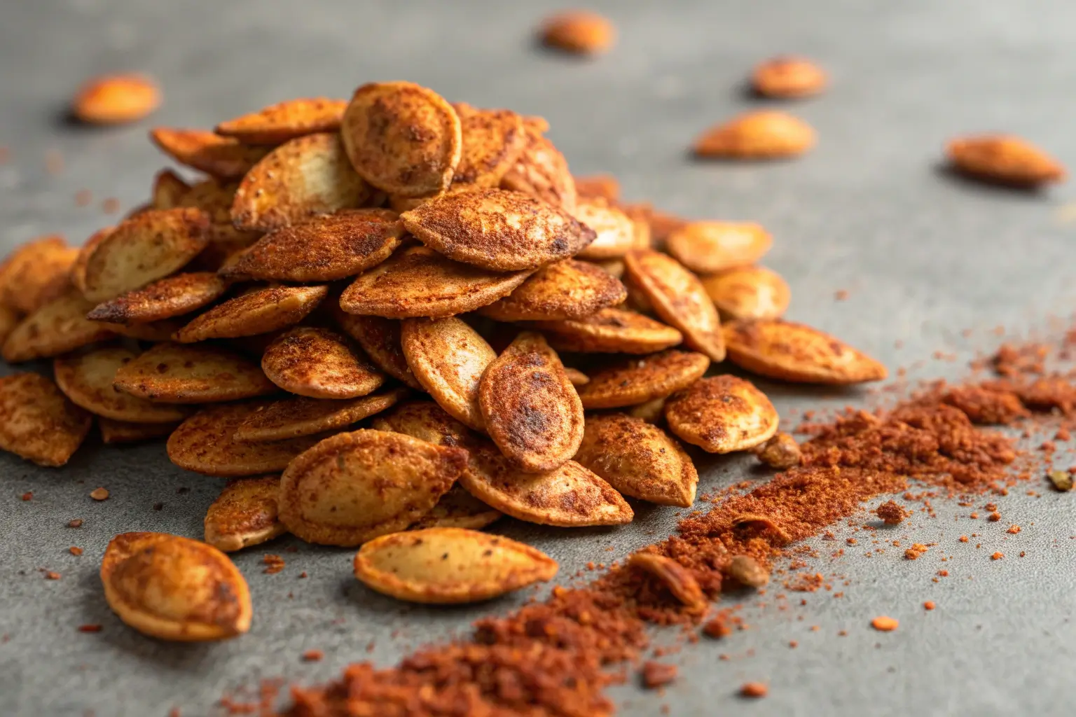 Oven Roasted Spicy Pumpkin Seeds with Chili and Paprika 2 Oven roasted spicy pumpkin seeds seasoned with chili and paprika