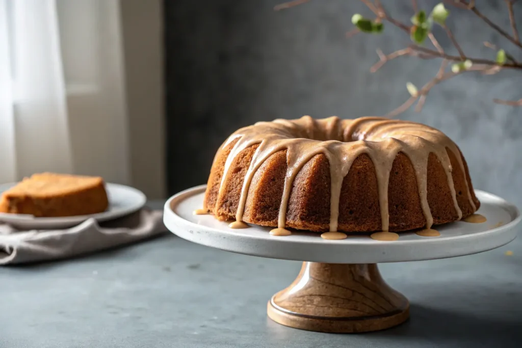 Pumpkin Bundt Cake with brown sugar icing on gray background