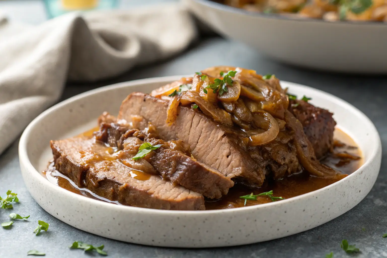 Slow Cooker French Onion Pot Roast with Rich Onion Gravy 2 slow cooker French onion pot roast with rich onion gravy sliced close-up