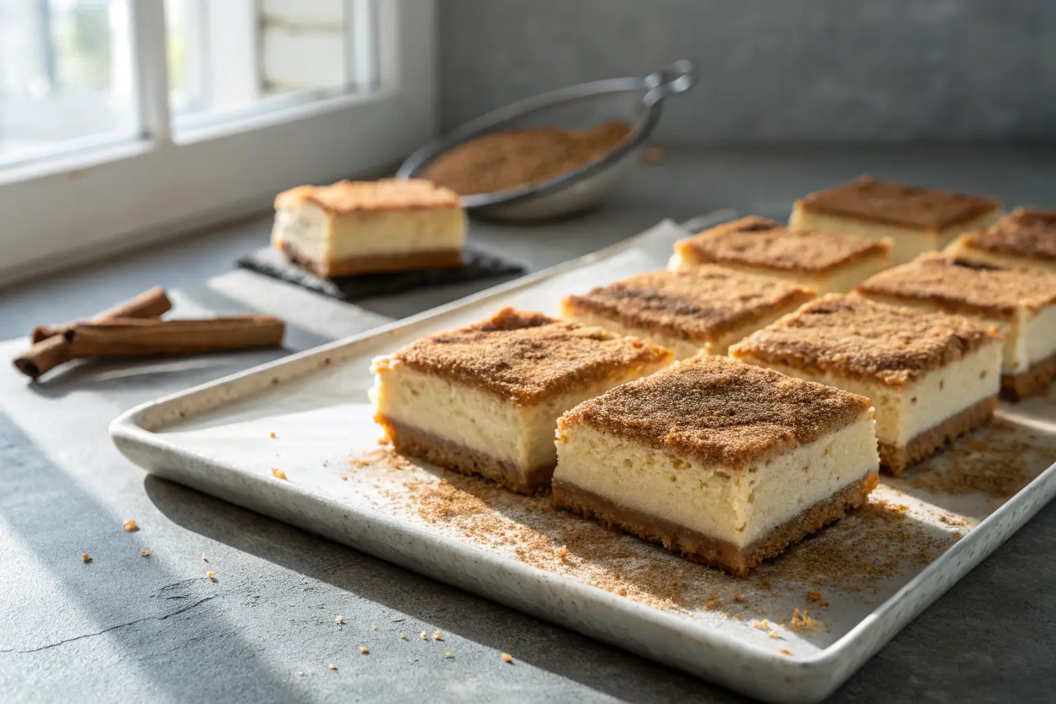 Snickerdoodle Cheesecake Bars Easy Southern Dessert 2 Snickerdoodle cheesecake bars with cinnamon sugar topping cut into squares
