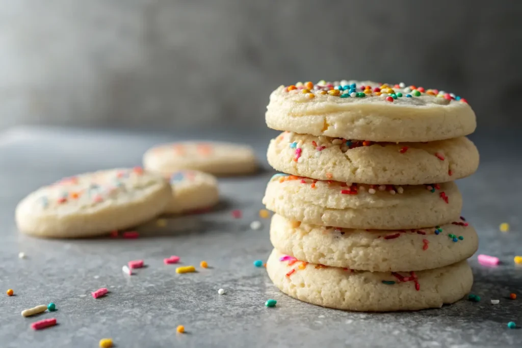 Soft and chewy homemade sugar cookies stacked on gray background