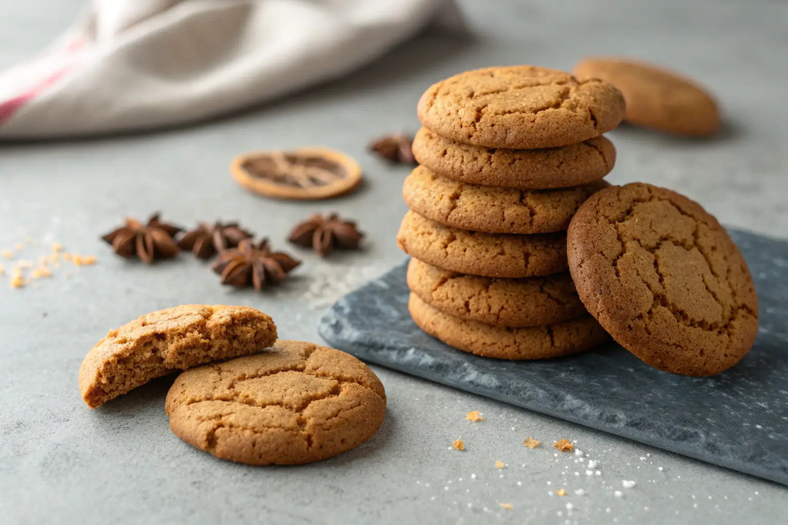 Soft Gingerbread Cookies with Chewy Centers 2 Soft gingerbread cookies with chewy centers stacked on gray surface