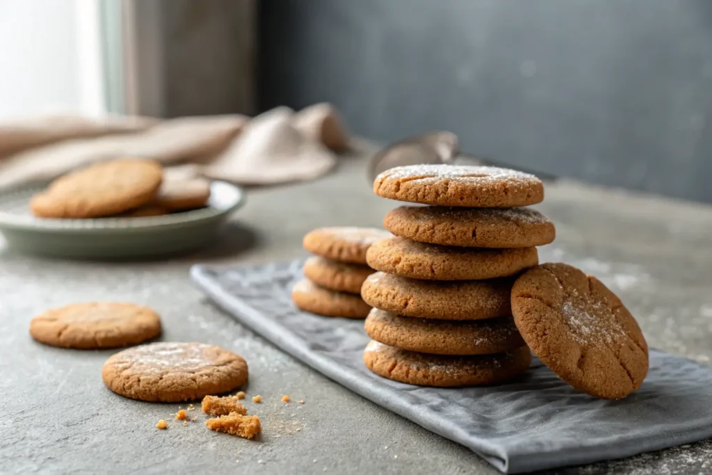 Soft gluten-free gingerbread cookies stacked on gray tabletop