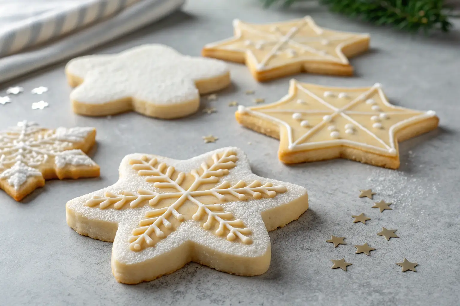 Soft Cut-Out Sugar Cookies That Hold Their Shape Perfectly 2 Soft sugar cookies cut into holiday shapes on gray background