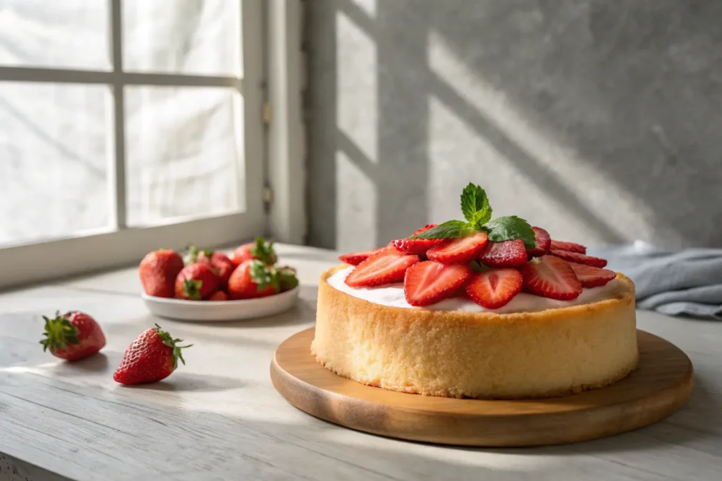 Sliced strawberry and cream cheese pound cake on wood tabletop