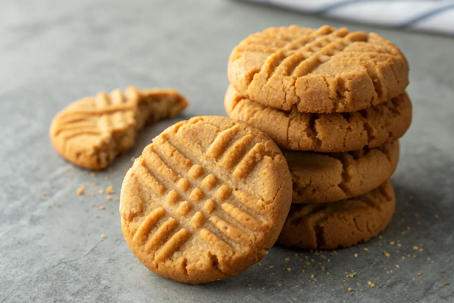 Sugar Free Peanut Butter Cookies with 3 Ingredients 2 sugar free peanut butter cookies stacked with fork marks on gray background