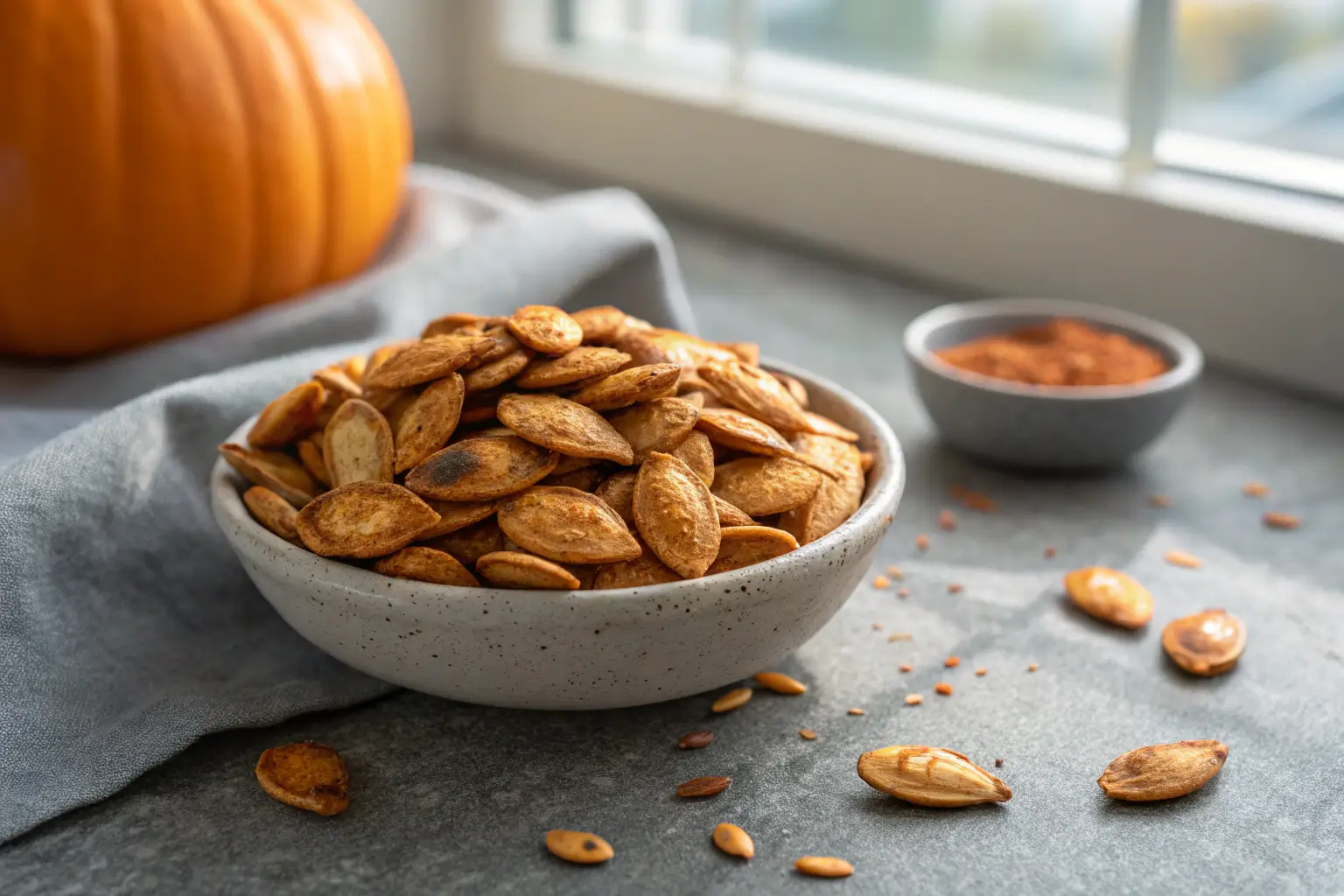 Sweet and Spicy Oven Roasted Pumpkin Seeds for Fall Snacking 2 Sweet and spicy oven roasted pumpkin seeds close-up on gray background
