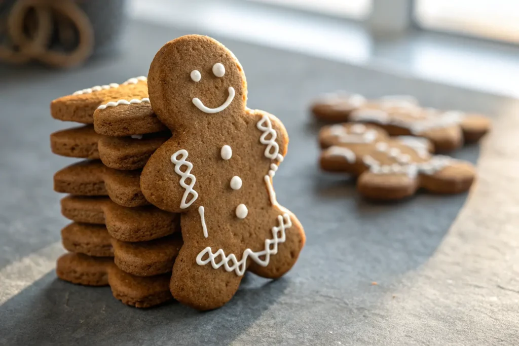 Vegan gluten free gingerbread men cookies stacked on gray background