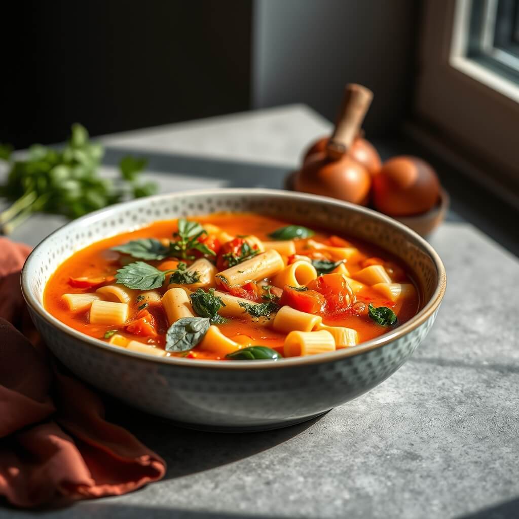 Winter Minestrone Soup With Pasta and Herbs 2 bowl of winter minestrone soup with pasta and fresh herbs