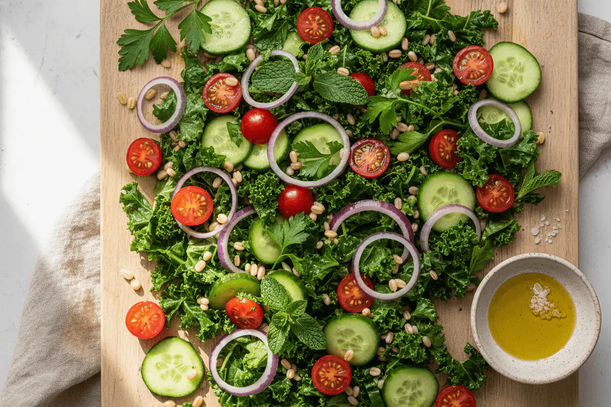 Barley Kale & Veggie Chopped Salad (My Secret Trick) 2 Overhead view of a colorful barley kale salad with cherry tomatoes and cucumber.