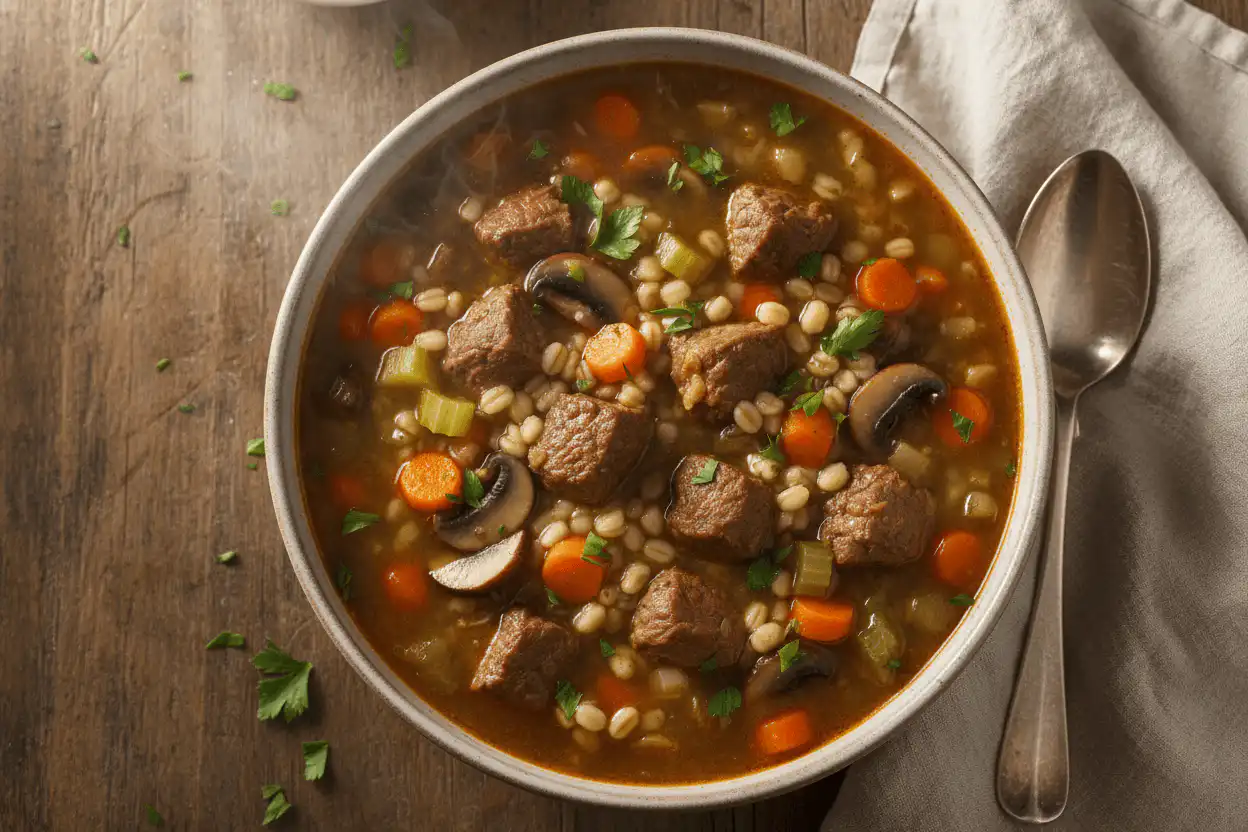 Easy 2-Hour Hearty Beef Barley Soup 2 A bowl of beef barley soup with vegetables and fresh parsley garnish.