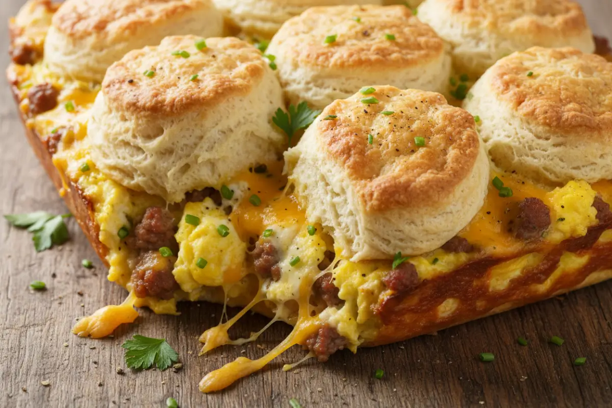 Christmas Breakfast Casserole with Biscuits and Eggs 2 Breakfast casserole with biscuits and eggs, topped with cheese