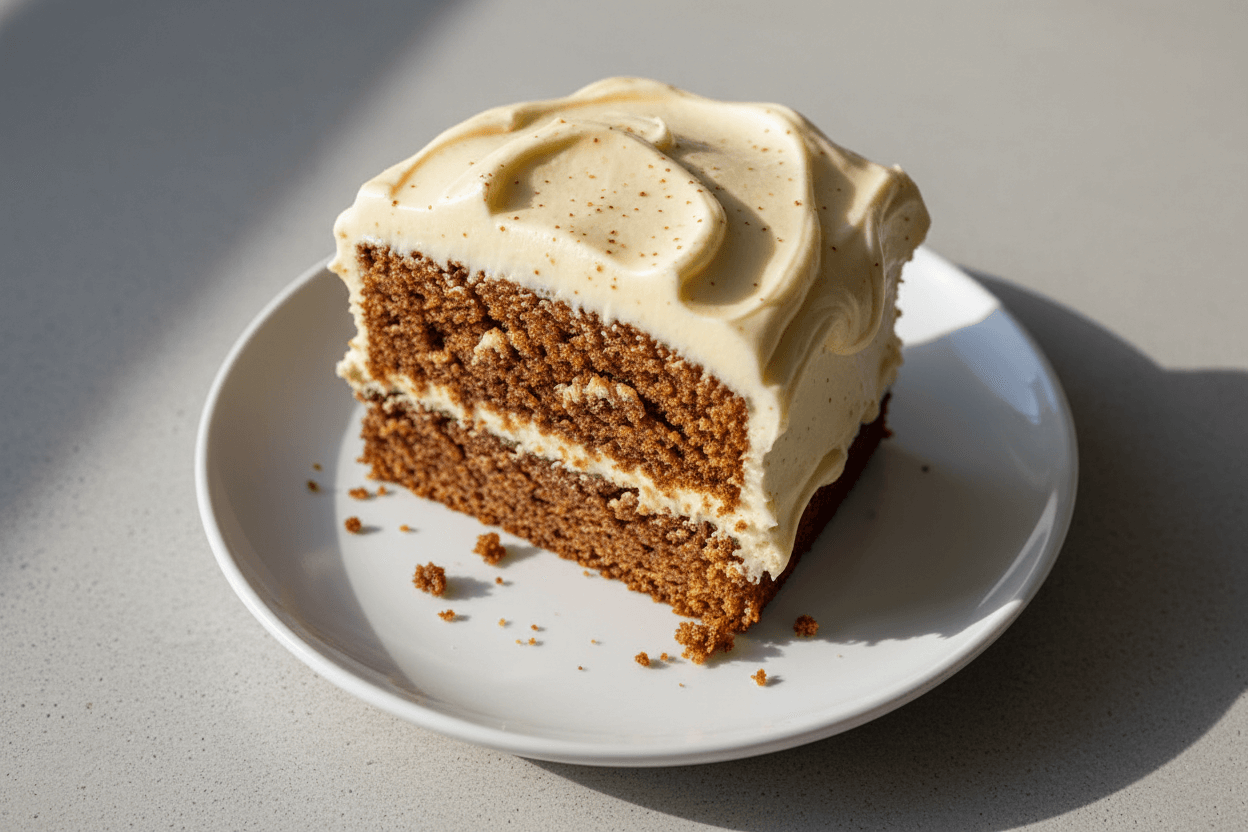 Christmas Spice Cake with Eggnog Buttercream Frosting 2 Christmas spice cake slice with creamy eggnog frosting and crumbs