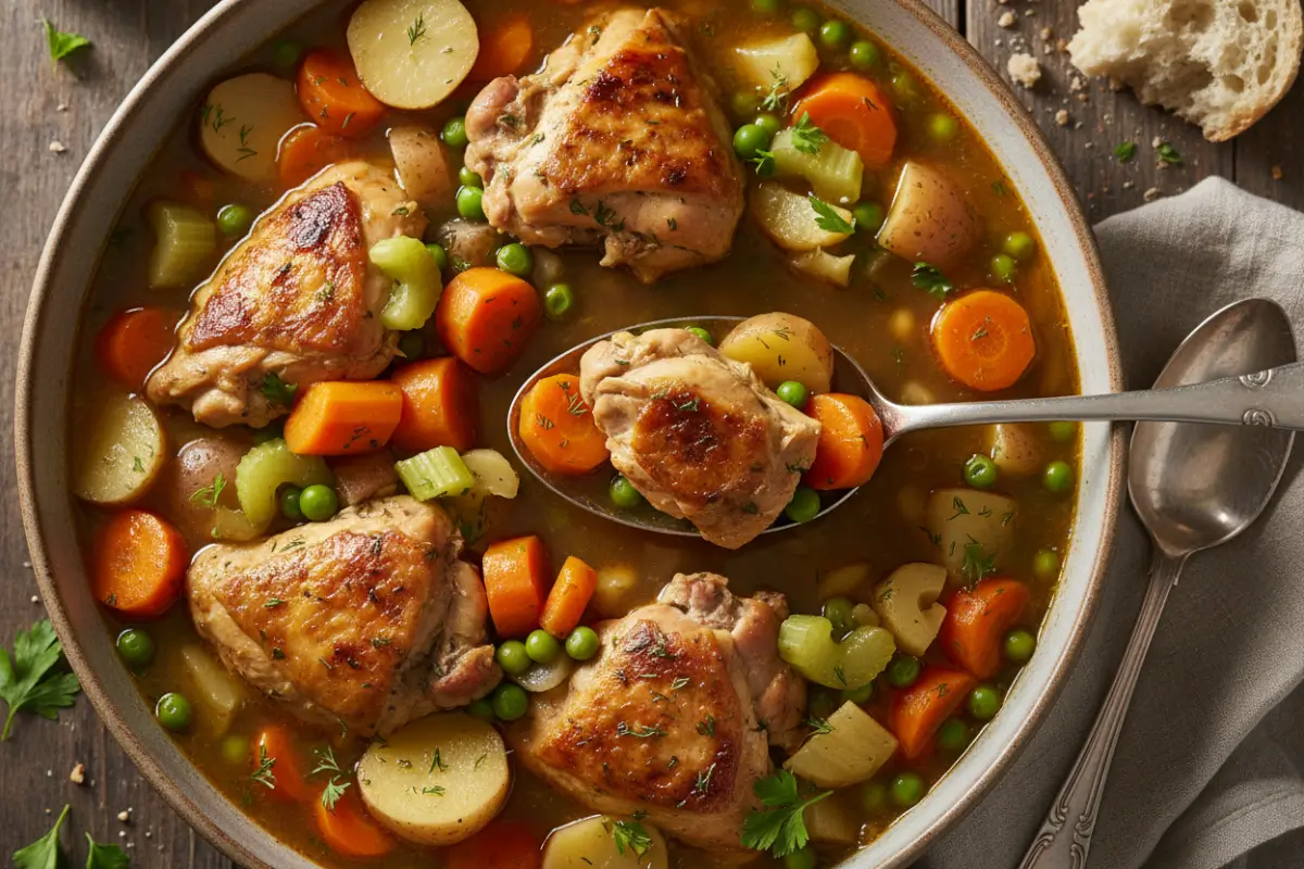 Hearty Chicken Stew for Cozy Comfort Meals 2 A bowl of hearty chicken stew with carrots and peas