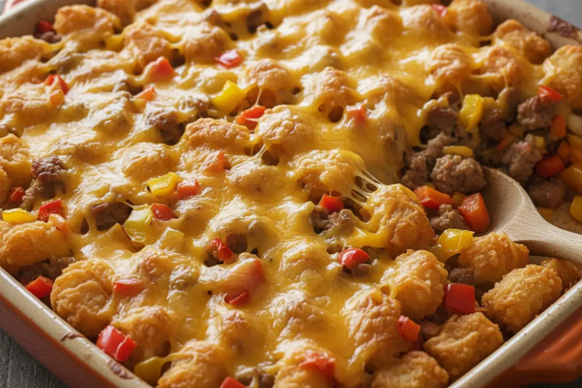 Tater Tot Sausage Breakfast Casserole for Cozy Mornings 2 Tater tot casserole with sausage and bell peppers.
