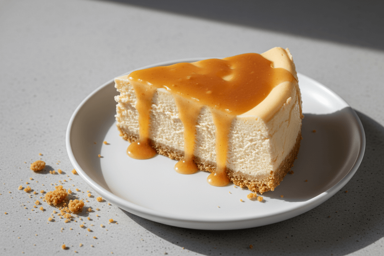 Apple Cider Cheesecake Recipe with Spiced Apple Cider Reduction 2 Creamy apple cider cheesecake slice with graham cracker crust