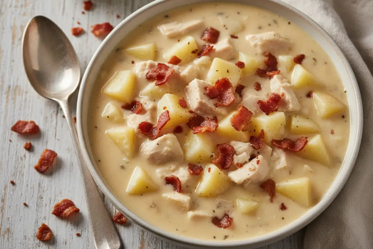 Creamy Chicken Potato Soup with Crispy Bacon 2 Bowl of creamy chicken potato soup topped with bacon
