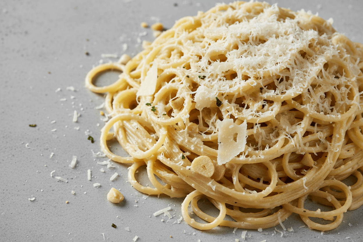 Garlic Parmesan Pasta: Quick Dinner Kids Love 2 Creamy garlic Parmesan pasta with parsley garnish on gray surface