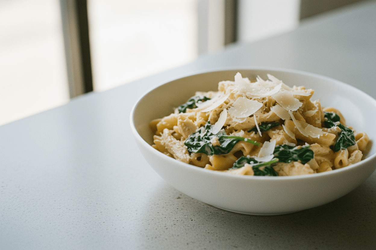 Chicken Crockpot Olive Garden Dressing Pasta 2 Creamy chicken pasta with spinach and parmesan in a white bowl