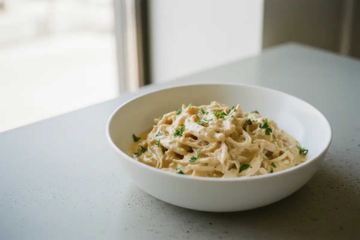 Crockpot Angel Chicken: Easy Dinner Recipe for Families 2 Bowl of creamy shredded crockpot angel chicken garnished with parsley