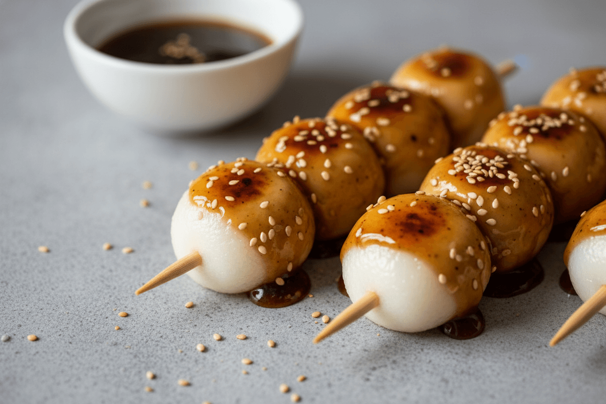 Easy Dango Recipe for a Sweet Japanese Treat 2 easy dango rice dumplings glazed with soy mirin sauce top angled view