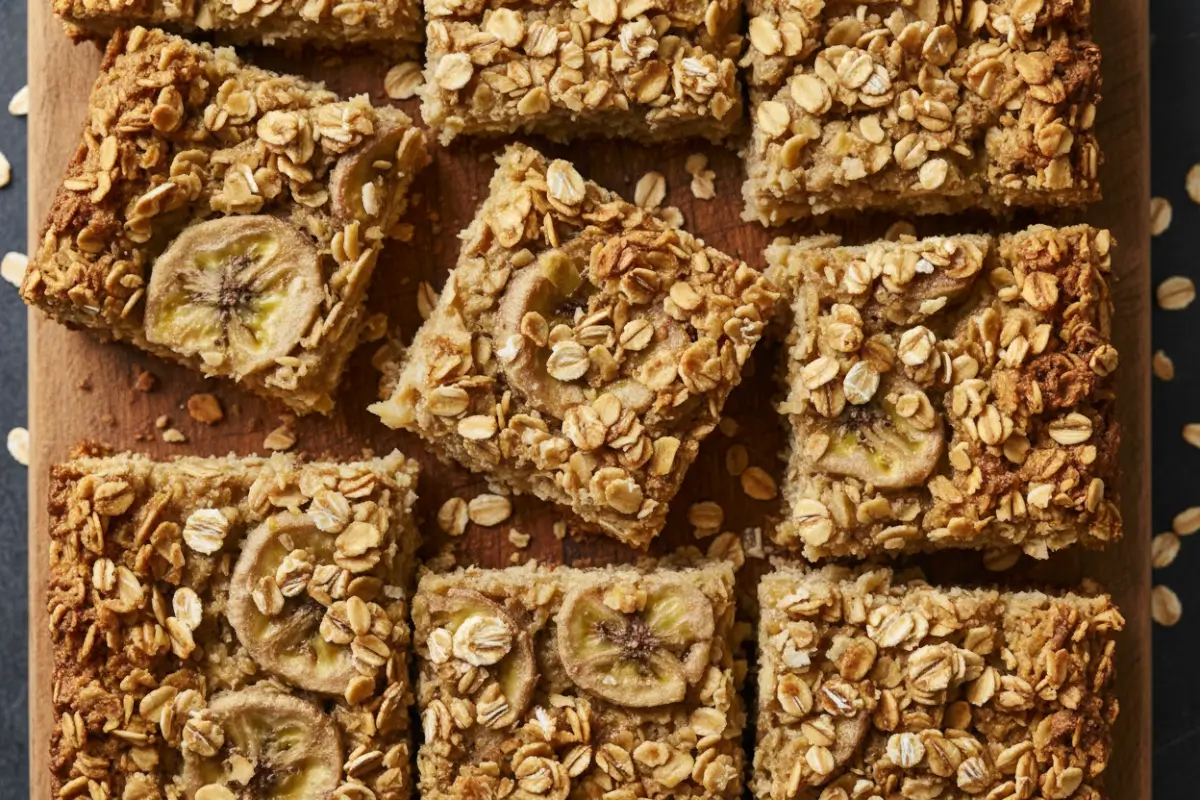 Healthy Banana Oatmeal Bars for Easy Breakfasts 2 Top view of banana oatmeal bars with oats scattered