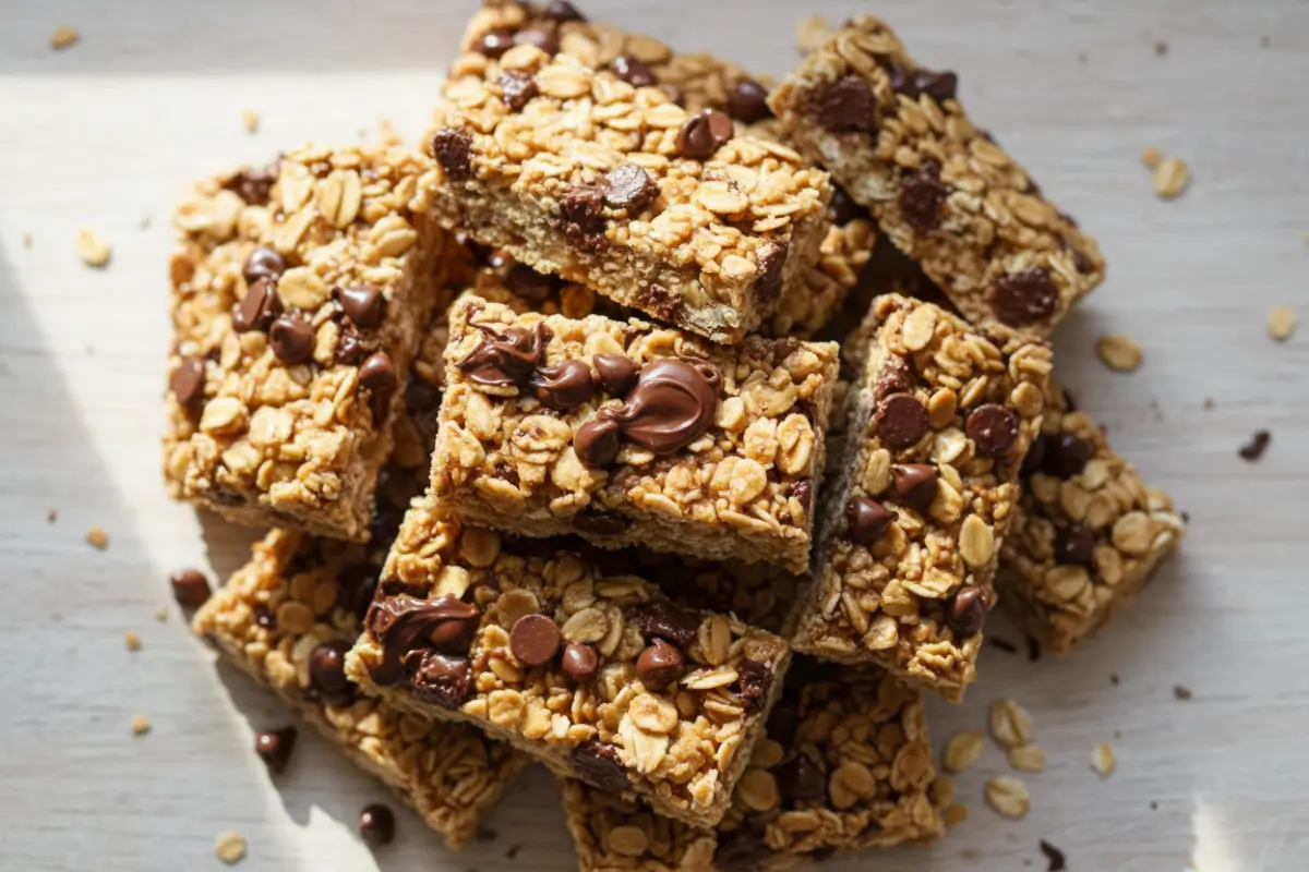 Easy No Bake Granola Bars with Chocolate Chips 2 Stack of no-bake granola bars with chocolate chips