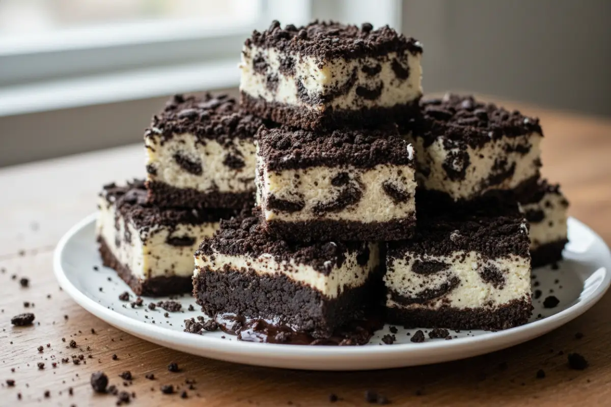 No Bake Oreo Bars: Easy Oreo Cheesecake Dessert 2 Top-down view of Oreo cheesecake bars with Oreo topping