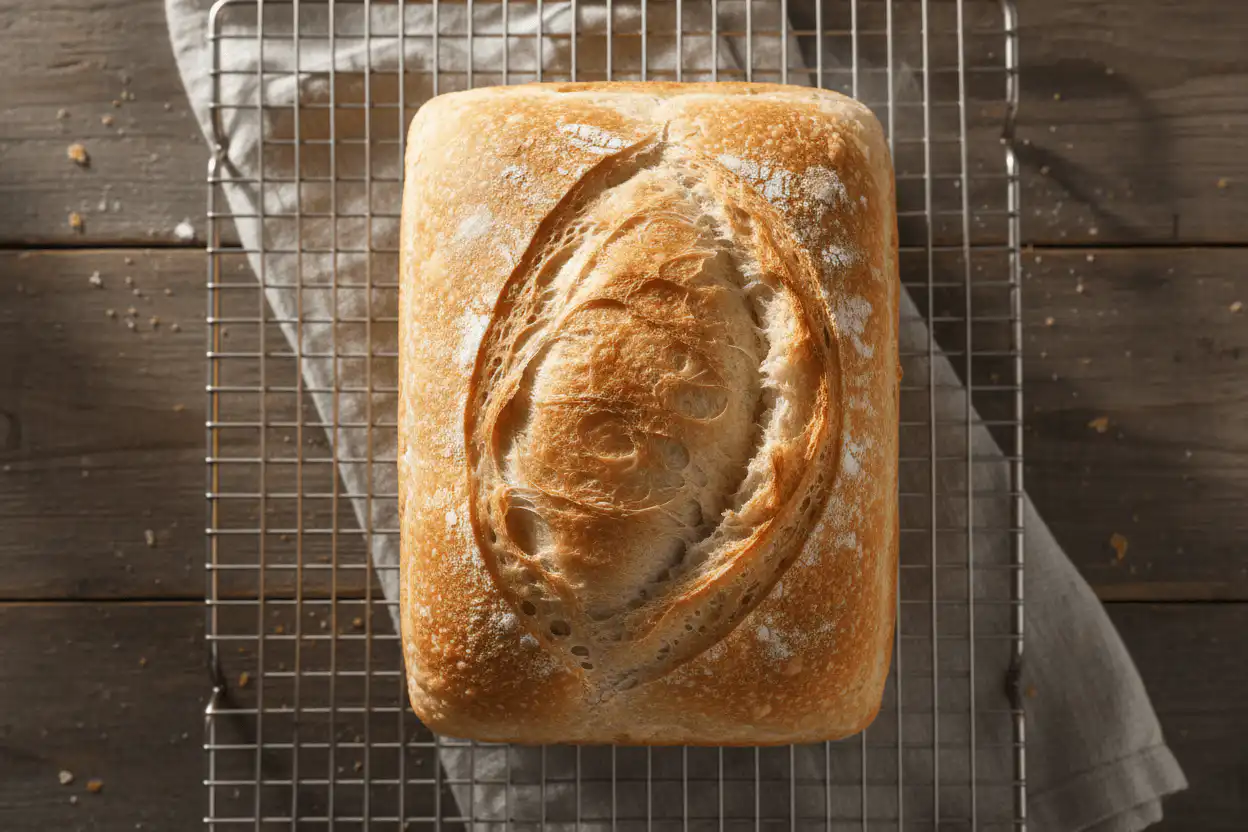 Easy White Sandwich Bread (My Secret Trick) 2 Top-down view of a golden crusted white sandwich bread loaf