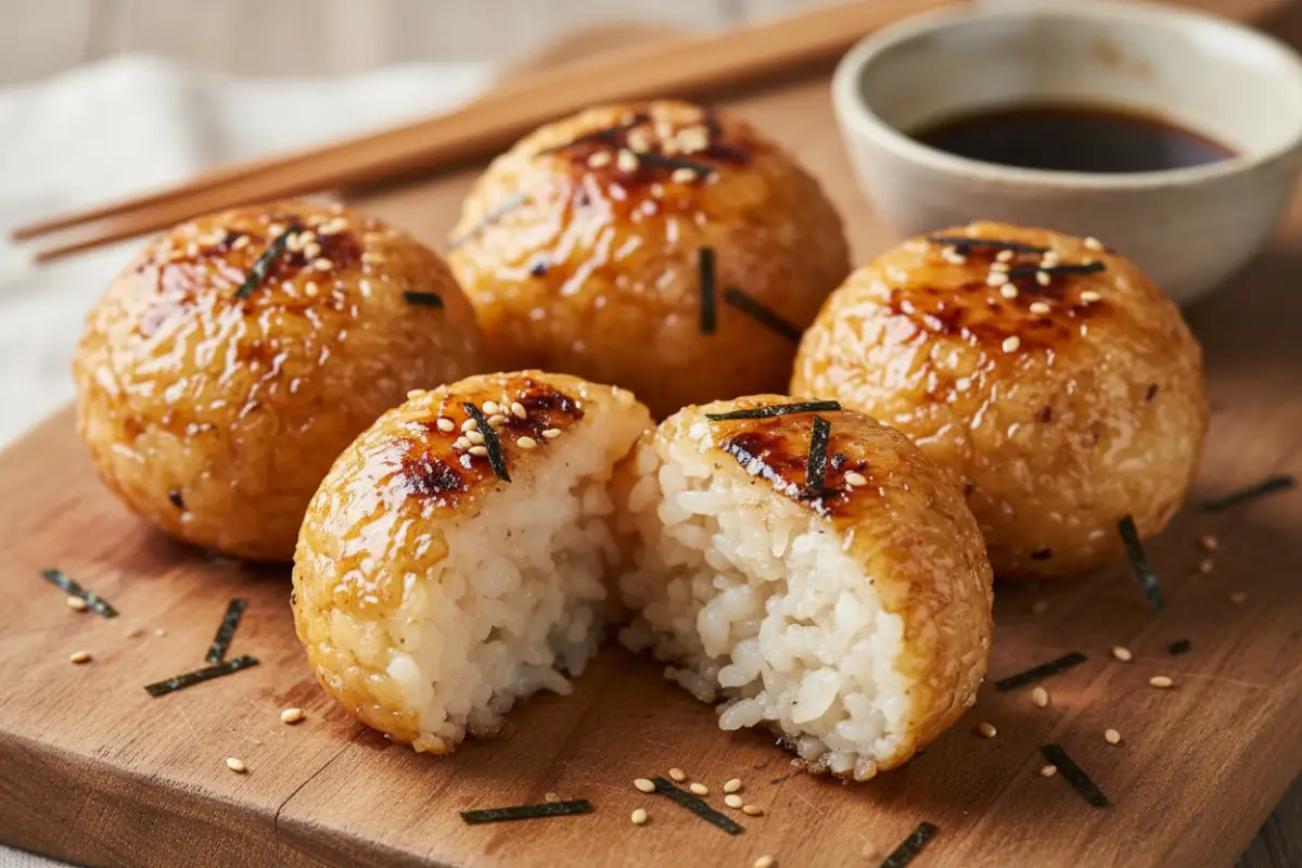 Yaki Onigiri: Easy Japanese Grilled Rice Balls 2 Golden-brown grilled rice balls with soy glaze